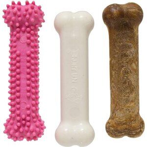 Puppy Chew Toys & Natural Treat Triple Pack, Pink, Chicken & Bacon Flavor, Small